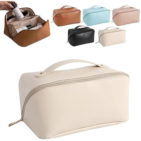 Loozykit Large Capacity Travel Cosmetic Bag, Waterproof Makeup Bags Hanging Toiletry Wash Bag Portable Pu Storage Bag Multifunction Travel Makeup Organizer with Handle and Zipper Cover