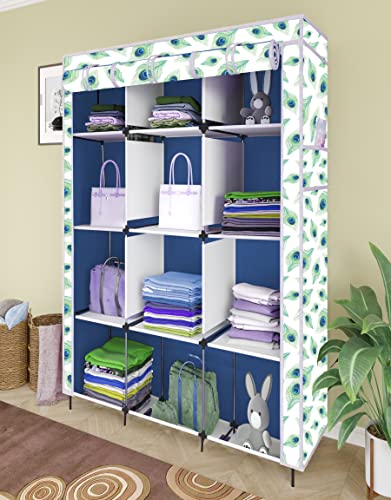 Image of GTC Printed Collapsible Wardrobe Portable Foldable Closet for Clothes Almira, 12 Shelves, 1 Side Pocket Non-Woven Fabric 100 GSM (5000-3 Peacock Blue)