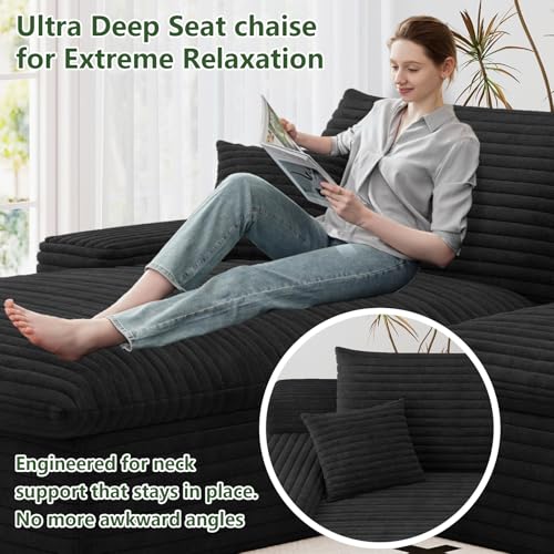 Image of 136 inch Cloud Couch Modular Sectional Sofa for Living Room, U-Shape Boneless Couch with Deep Seat, Modern Corduroy 4-Seater with Ottoman, No Assembly Required (Black,Left-Facing Chaise)