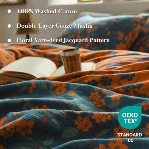 Simple&Opulence Muslin Duvet Cover Set Queen Size, 100% Washed Cotton 3 Pieces Yarn-Dyed Vintage Blue Orange Floral Jacquard Textured Bedding, Soft Breathable Gauze Comforter Cover with Zipper Closure - 1