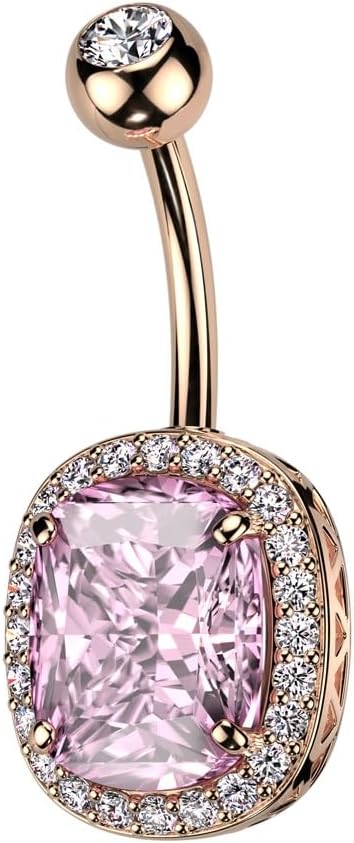 Pierced Owl 14GA 316L Stainless Steel Oval CZ Crystal with Surrounding CZs Belly Button Ring