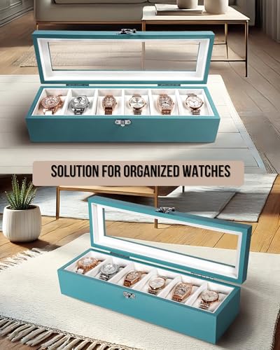 Image of Watch Box, Watch Case for Men Women with Large Glass Lid, Wooden Watch Display Storage Box with 6 - Slots, Ocean Blue Mens Watch Box Organizer
