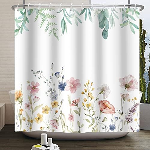 Remandacy Floral Shower Curtain,Plant Shower Curtain Spring Floral with Refreshing Leaves Green Leaves Shower Curtain for Bathroom - 72" W x 72" L Inch with 12 Hooks