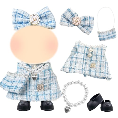 Blaue Puppe Kleidung 17cm Puppen Klassiker Check Elegante Puppe Kleidung Zubehör Set mit Kleidern Haarclips Tasche Schuhe Halskette für Mädchen Geburtstagsgeschenk, Keine Puppe