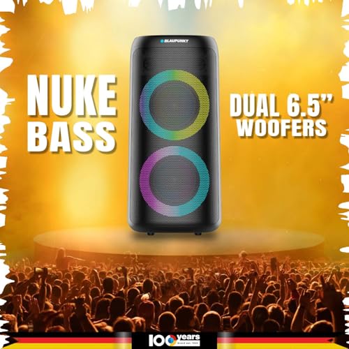 Image of Blaupunkt Rock & Roll 100W Party Speaker with Dual 6.5'' woofers, Dual Pool Lightning Mode, Mic /Guitar Input, Bass Boost, TWS, Perfect for Karaoke, Music & Home Parties (R.A.V.E)
