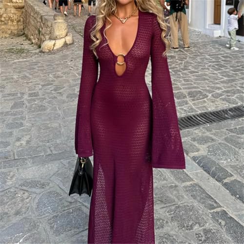 Women Side Slit Transparent Cover Dress Circle Hollow Vacation V-Neck Solid Bohemian Party Dress3