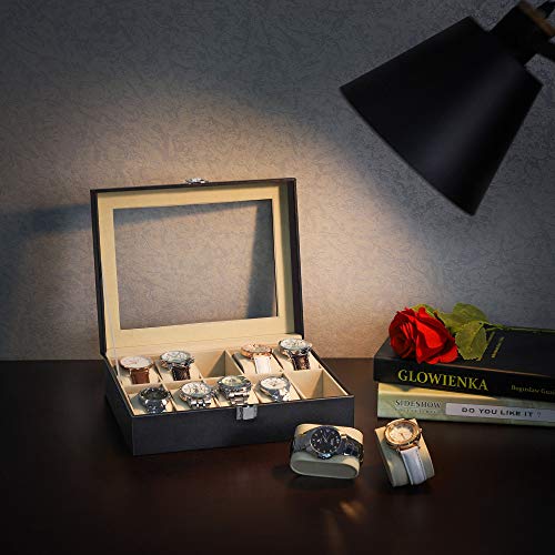 Image of SONGMICS 10-Slot Watch Box, Watch Holder with Glass Lid, Watch Case with Removable Watch Pillow, Velvet Lining, Metal Clasp, Watch Display, Synthetic Leather, Black UJWB010BE