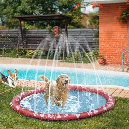 PawHut 170 cm Splash Sprinkler Pad für Hunde Spritz Wasserspiel Matte Wassersprinkler Anti-Rutsch Outdoor Kunststoff Rot