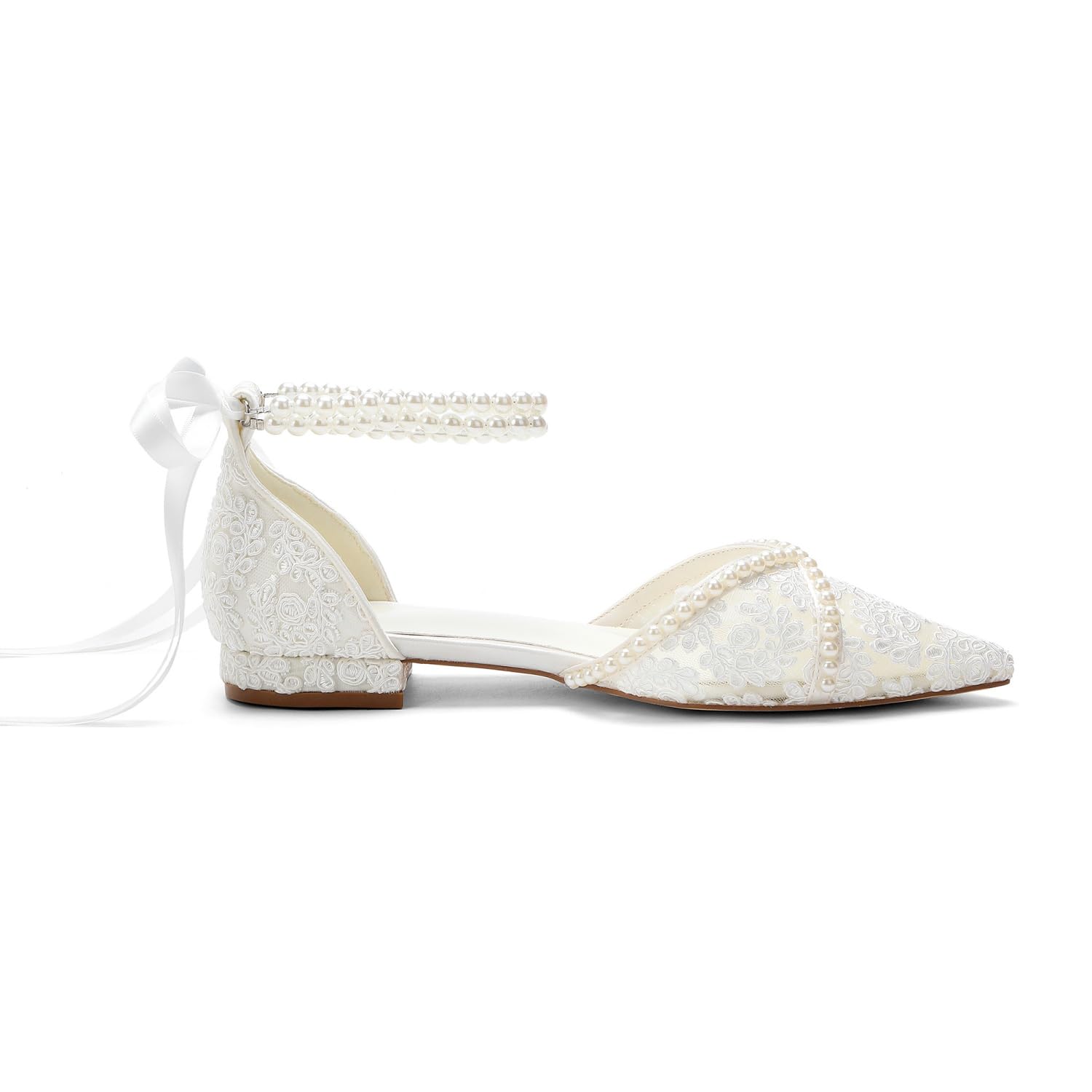 Brautschuhe mit Spitze, für die Braut, spitzer Zehenbereich, Perlen-Hochzeitsschuhe