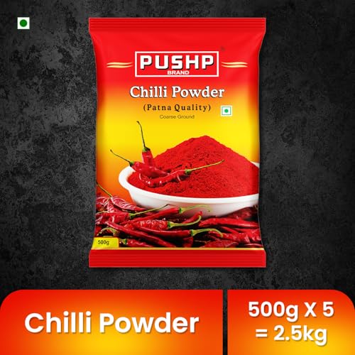 Image of PUSHP Brand Red Chilli Powder 500g, Lal Mirch Powder with natural Oils | Patna Quality Lal Mirchi Powder (Pack Of 5) | Perfect for Cooking, Pickles, Gravies & Traditional Indian Dishes