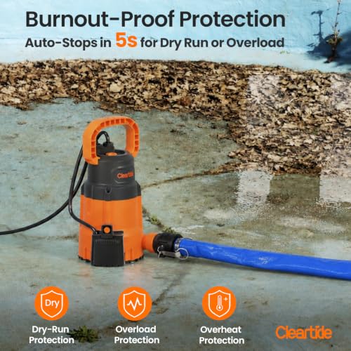 Image of 1 /4 HP Submersible Utility Water Pump with 25' Drain Hose, 2160 GPH High Flow, Portable Sump Pump with Auto Water Sensor for Pool, Flooded Basement, Hot Tub, Pond Draining
