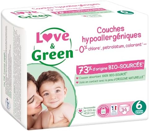 Love & Green - Couches Bébé Saines et Ecologiques - Taille 6 (15+ kg) - 34 couches - Absorbante, anti-fuites et sans ingrédients indésirables