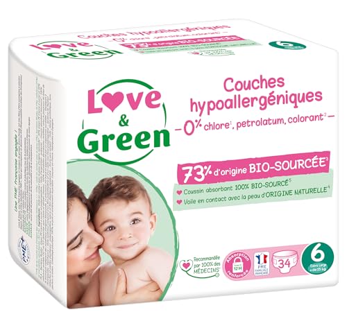 Love & Green - Couches Bébé Saines et Ecologiques - Taille 6 (15+ kg) - 34 couches - Absorbante, anti-fuites et sans ingrédients indésirables