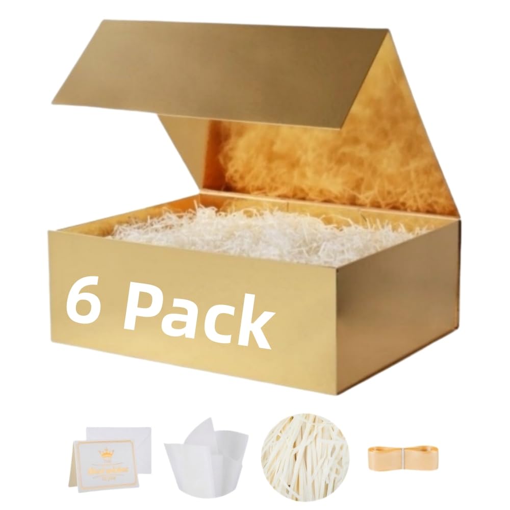 UoeRing 6 Pack Gold Gift Box Large 13.5x11.8x4.7 inch Luxury Bridesmaid Proposal Box for Presents with Magnetic Closure Lid Collapsible,Contains Card,