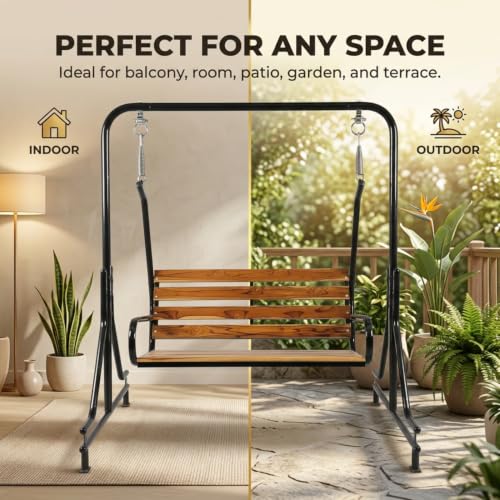 Image of Indoor Teak Wood Swing - Balcony Room Jhula with Iron Pipe, 2 Seater, 117 cm