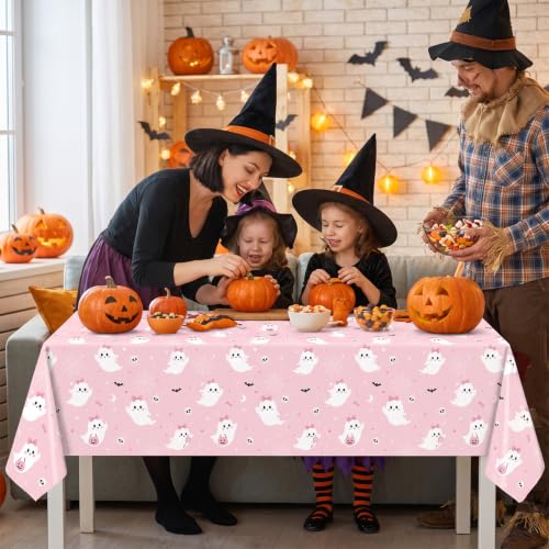 Image of LINHAXM 3 Pack Pink Halloween Tablecloth, Cute Ghost Halloween Disposable Plastic Table Covers for Halloween Birthday Baby Shower Decorations, 54 x 108 Inches