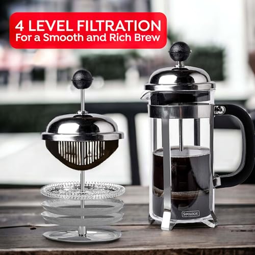 Image of Sipologie Vintage French Press Coffee Maker 350ml, 4-Level Filtration System for Sediment-Free Coffee, Heat-Resistant Durable Borosilicate Glass, Silver