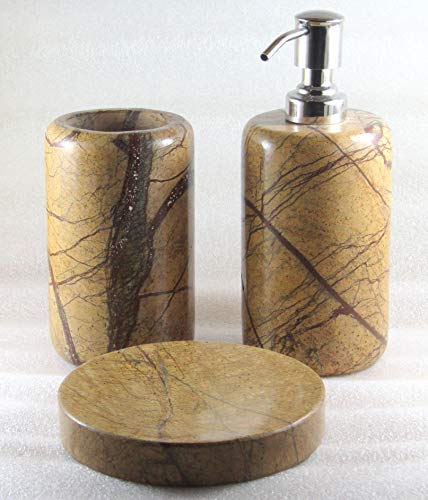 Image of Bath Accessories Set. 3 - Piece Set of Natural Golden Brown Marble Stone Made Bathroom Set Accessories with Soap Dispenser,Soap Dish and Tumbler.