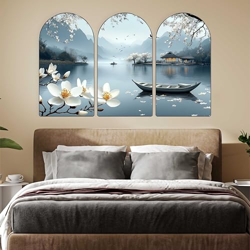 Image of Livin'luxe Serene Lake View Wall Painting | Set of 3 MDF Panel Lotus Flower & Boat Artwork | Scenic Landscape Wall Art for Living Room, Bedroom, Hallway & Office Decor