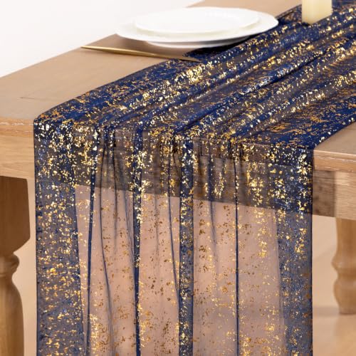 Image of Gold Glitter Table Runner Navy Blue Sheer Gauze Foil Table Runner 120 Inch