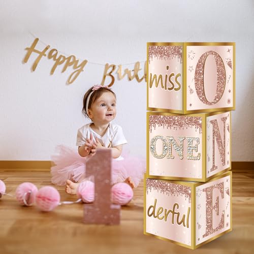 Image of Guiruiy 3Pcs 1st Birthday Boxes Decorations for Girls - Pink Rose Gold Miss Onederful Boxes, One Year Old Girl Birthday Theme Cardboard Balloon Box Decor