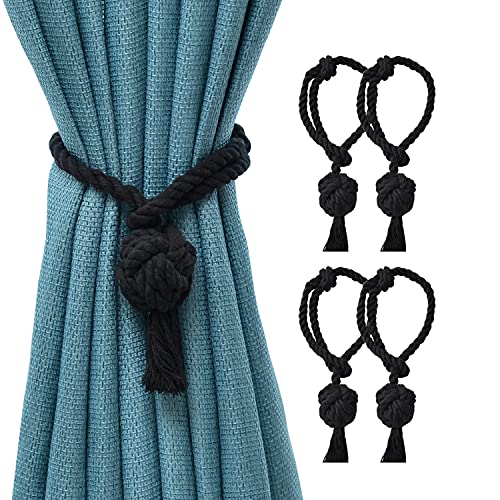 Catálogo para Comprar On-line Cuerdas para cortinas los preferidos por los clientes. 50 JQWUPUP Paquete de 4 alzapaños de cortina negros decorativos al aire libre con cuerda para cortinas, soportes de cortina para cortinas transparentes