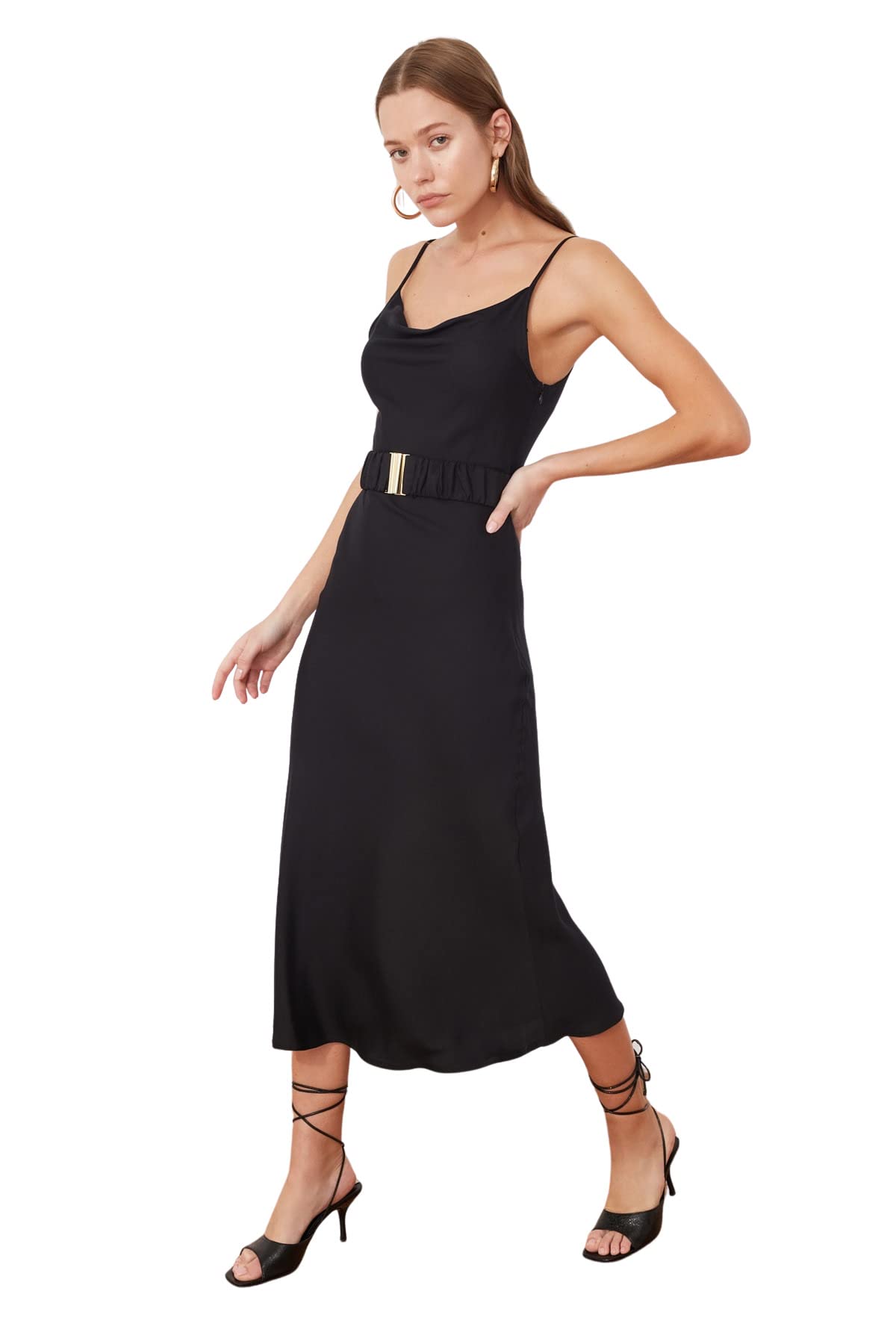 Trendyol Women's Black Feman Midi A-Line Regular Fit Woven Dress,,34