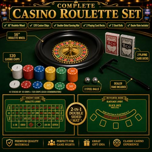Image of 16 Inch Roulette Wheel Set for Adults, Complete Casino Game Set with 120 Casino Chips, Double-Sided Roulette & Blackjack Mat, 2 Playing Card Decks, 2 Steel Balls, Dealer Rake Included