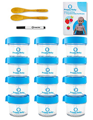 PreppyBaby 4 oz Glass Baby Food Storage Containers with Lids – Pack of 12 Reusable Dishwasher & Microwave Safe Food Jars w/ 2 Bamboo Infant Spoons, Recipe Booklet & Non-Toxic Easy Erase Marker (Blue)