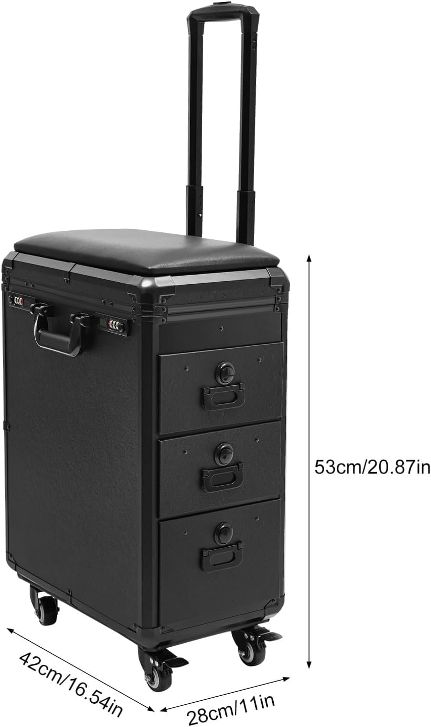 Futchoy 2 in 1 Kosmetikkoffer Trolley mit Armlehnenständer,Schminkkoffer Nagelkoffer mit Rollen,Tattoo-Station Koffer 3 Schubladen,Make-up Koffer für Tattoo, Beauty-Werkzeuge, Schwarz (Acrylplatten)