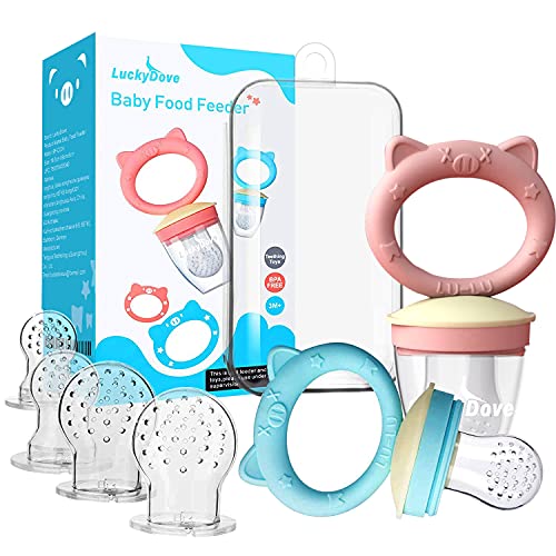 LuckyDove Baby Food Feeder/Fruit Feeder Pacifier (2 Pack) - Infant Teething Toy Teether, BPA-Free Food Grade Silicone Fresh Food Feeder with Travel Case,3 Sizes of Nipple for Replacement, Blue/Pink