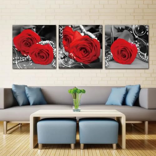 Affiches de roses rouges en lot de 3 toiles romantiques 40x40 cm