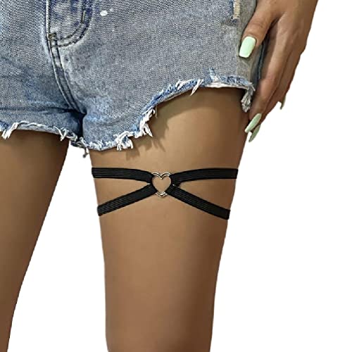 Mädchen Beinkette Punk Bein Strumpfband Gürtel Oberschenkel Ketten Schwarz Körperkette Festival Rave Körperzubehör mit kleinem Herz Dekor Oberschenkel Gürtel Holster für Frauen Kostüm Gothic