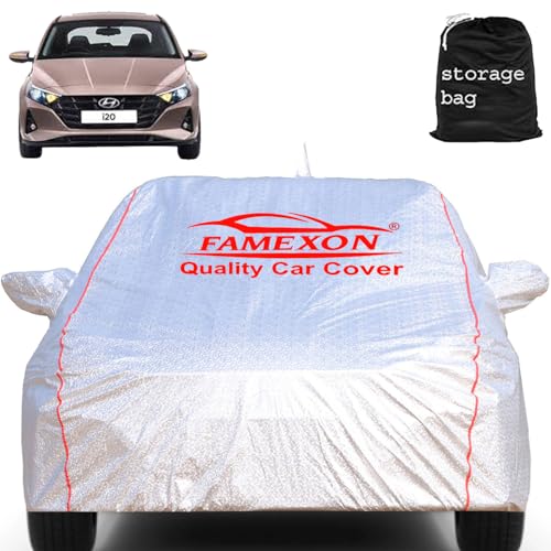 Image of Full Body Car Cover for Hyundai I20 with Mirror and Antena Pocket Triple Stiched(Silver with Red Piping)