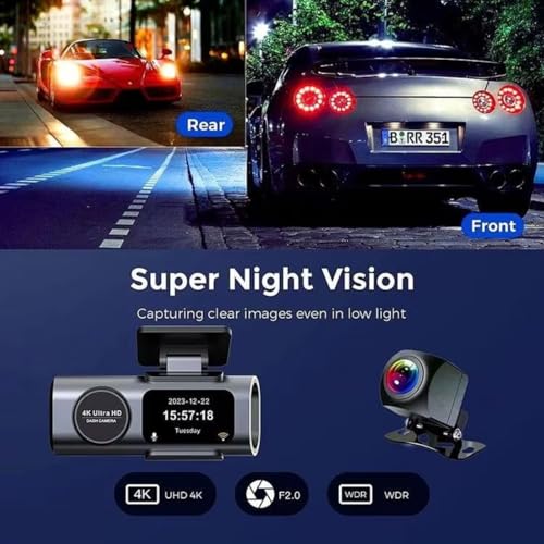 Image of A309 4K Dash Camera, Dual Lens Front and Rear Car DVR with WiFi, Night Vision, G-Sensor, APP Control, Mini Black Box
