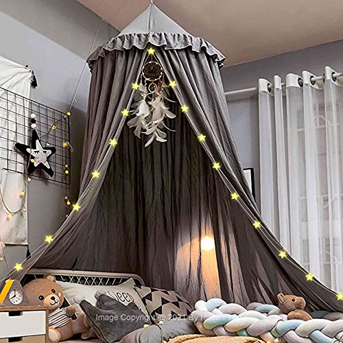 Girls Bed Canopy, Hommi Lovvi Frills Bed Canopy for Girls, Hanging Nursery Crib Canopy for Kids Dreamy Decor, Princess Girls Canopy Extra Large Size Play Tent Reading Nook with String Light - Grey