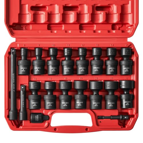 Image of WIILDIS 19pcs 3 /8 inch Drive Impact Socket Set with CR-MO Swivel Sockets, Flexible Wobble Design, Metric 8-22mm, 6-Point, Includes Extension Bars & Adapter