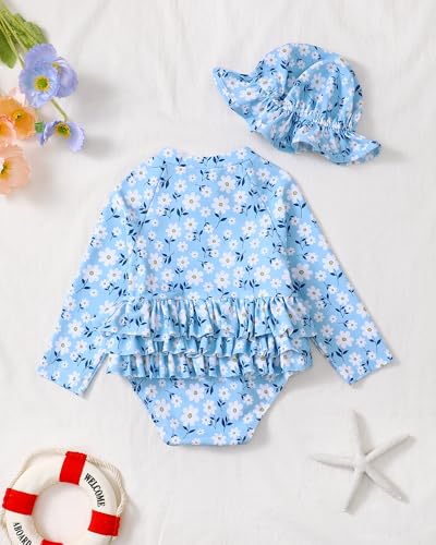 Image of Toddler Girl Swimsuit Baby Girl Bathing Suit Long Sleeve Floral Zipper One-Piece Rash Guard Swimsuit with Hat