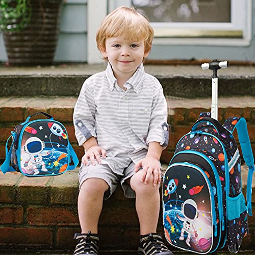 Egchescebo Boys Rolling Backpacks Kids Backpack With Wheels For School Bags Luggage Wheels Trolley Wheeled 3Pcs 16“ Astronaut Pattern Travel Bags Boys Backpack With Lunch Box #TOP7