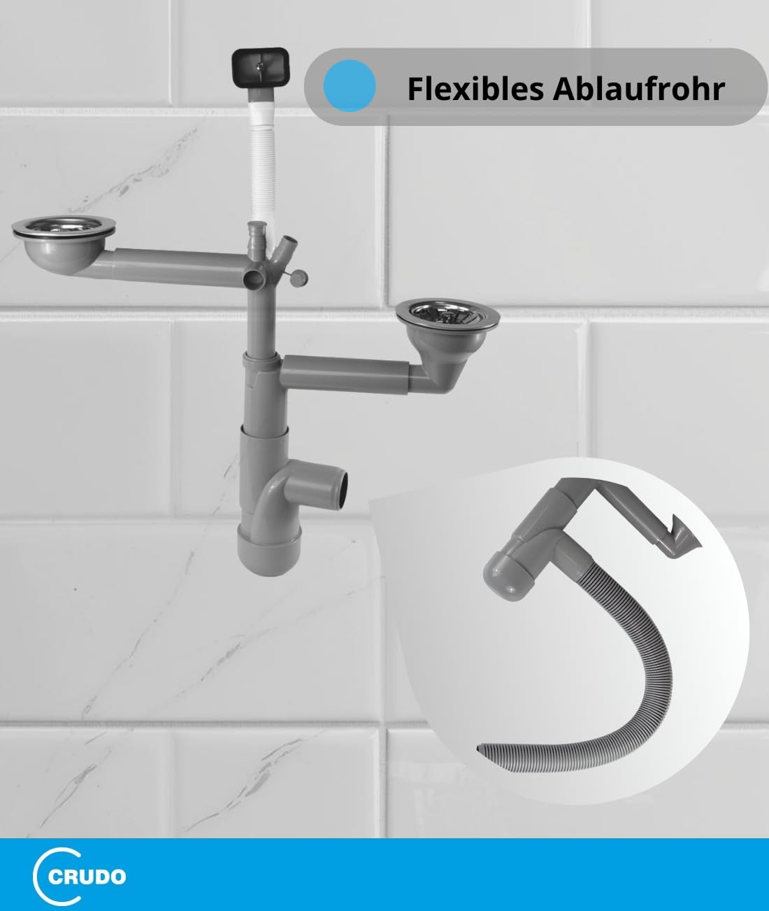 CRUDO PREMIUM Doppel Siphon Waschbecken Bad - 2-Kammer Raumsparsiphon Waschtisch - Abflussrohr Doppelwaschbecken mit Uberlauf,1 1/2" x 40