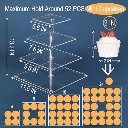 HENABLE 4 Tier Premium Cupcake Stand Cupcake Holder, Acrylic Cupcake Tower with LED Yellow Light for Cupcakes, Dessert Table Display Set for Birthday, Bar, Decor Weddings, Parties Events