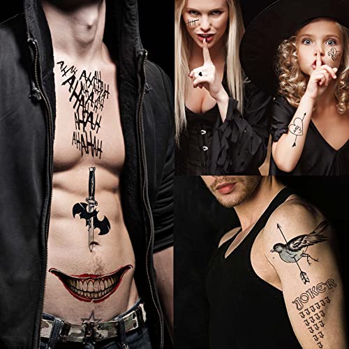 Image of Zeecdatoo 34 Sheets Joker Tattoos, Halloween Temporary Tattoos for Halloween Cosplay Costumes and Party Accessories, Halloween Face Zombie Fake Scars Tattoos (Large Size)