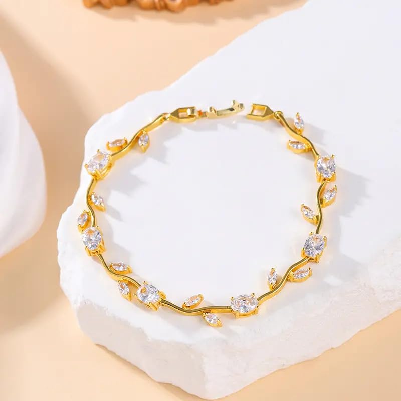 Image of Amaal Bracelets for Women Stylish Gold Plated Tulip American Diamond CZ Stone Bracelet with Leaf Design, Adjustable Link Chain, Anti Tarnish Stainless Steel Jewellery for women Girls Gifts 487