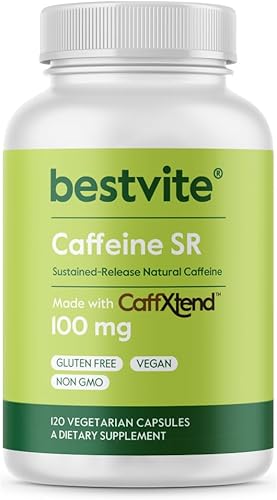 BESTVITE Cafeína 100 mg SR (120 cápsulas vegetarianas) - Liberación sostenida - Vegana - Sin OMG - Sin gluten - Píldoras de cafeína natural