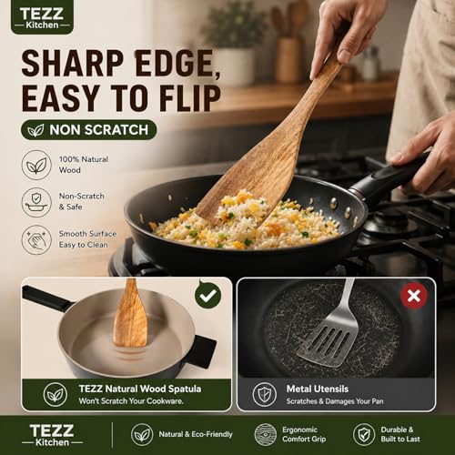 Image of Wooden Spatulas, 2 PCs Natural Acacia Wooden Cooking Utensils Set for Non-stick Pan Kitchen Tool, flipping and Wok Spatula, Wooden Spoons & Spurtle for Cooking