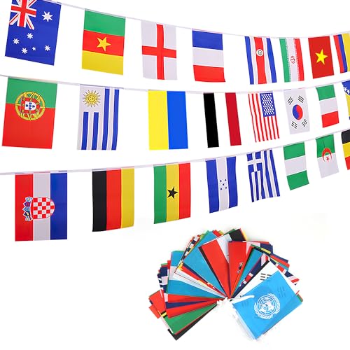 Flaggenkette 100 Länderflaggen Girlande Weltflaggen, RosyFate Wimpelkette Flaggen Girlande, Sportvereine, Länder Fahnen Flaggen Perfekte Dekorationen für Bar, Party, Festival (25 Meter)