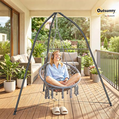 Outsunny Soporte para Silla Colgante Triangular Altura 210 cm, con Cadena Ajustable, Base Estable, Resistente a la Intemperie, Estructura de Silla Colgante para Patio, Jardín, Carga 150 kg, Negro - imagen 2