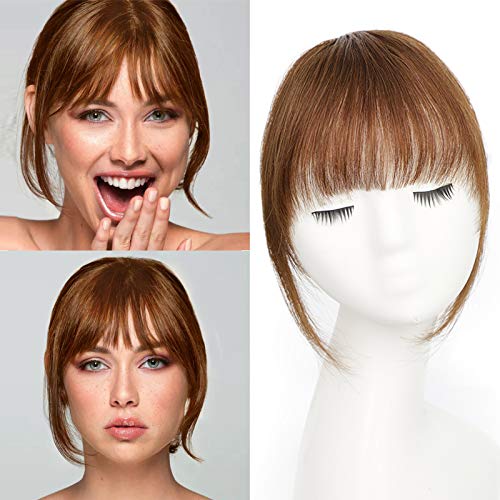 Earfodo Clip in Bangs Human Hair Brown Bangs Extensions Human Hair Natural Clip Flat Neat Bangs with Gradual Temples One Piece Hairpiece for Women Girls (brown)