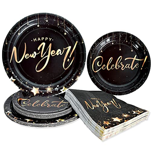 New Year Disposable Dinnerware Set New Year Theme Tableware Kit Black Gold Star Design Paper Plates and Napkins Party Supplies Suitable for The Activities of New Year, Winter, Family Party.