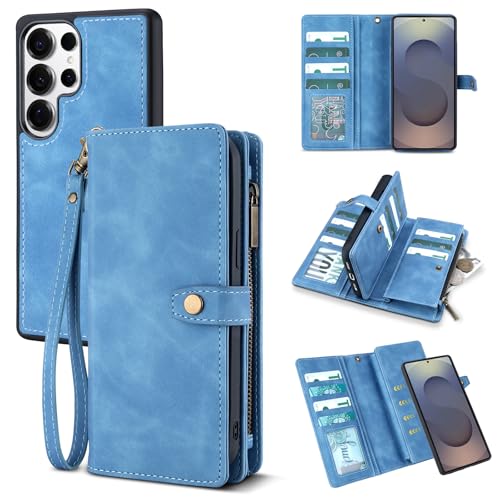 TwoHead for Samsung Galaxy S25 Ultra Wallet Case with Card Holder, Detachable Magnetic Phone Case for S25 Ultra,PU Leather All-Round Protective Phone Case Wallet with Wrist Strap(6.9 in,Sky Blue) by TwoHead - Used condition - US$10.98